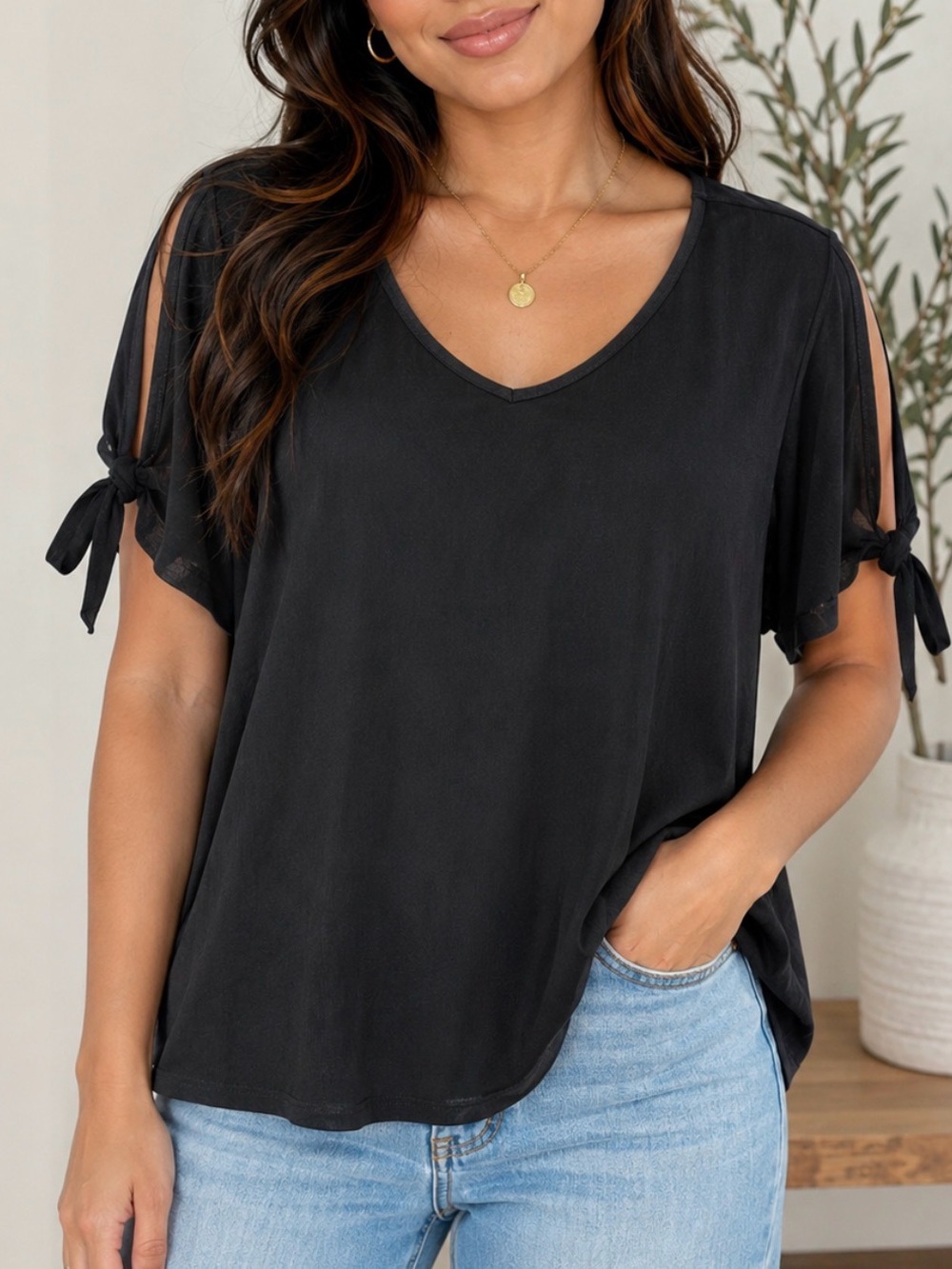 Madison Black V-Neck Tie-Sleeve Top